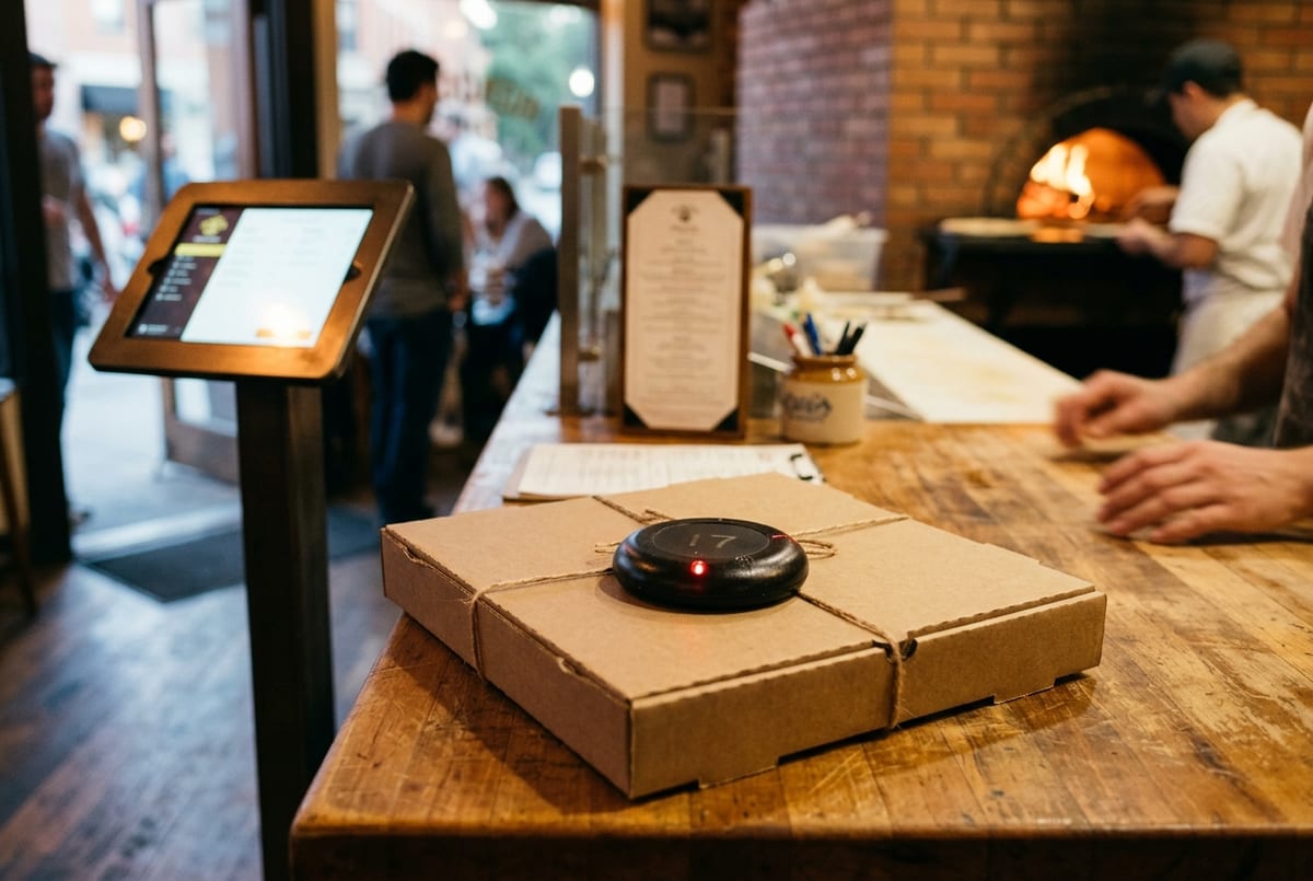 Illustration : un bipeur posé sur une boîte à pizza, sur le comptoir