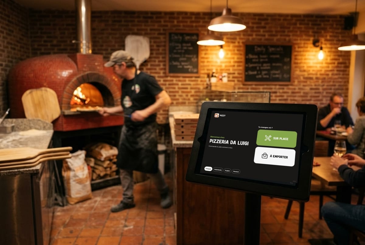 Illustration : une borne de commande sur pied dans une pizzeria, avec l'écran d'accueil Pizzy