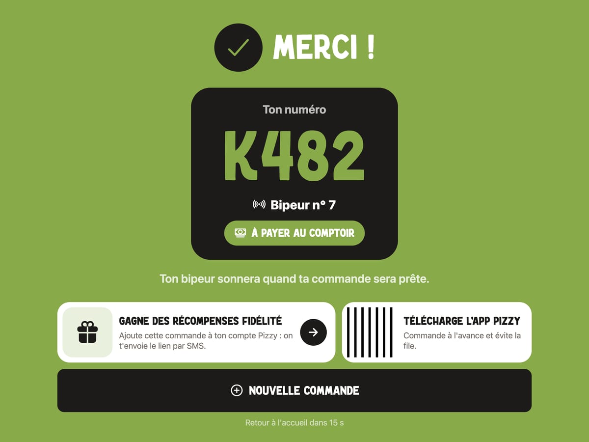 Écran de la borne : Merci, numéro de commande et numéro de bipeur